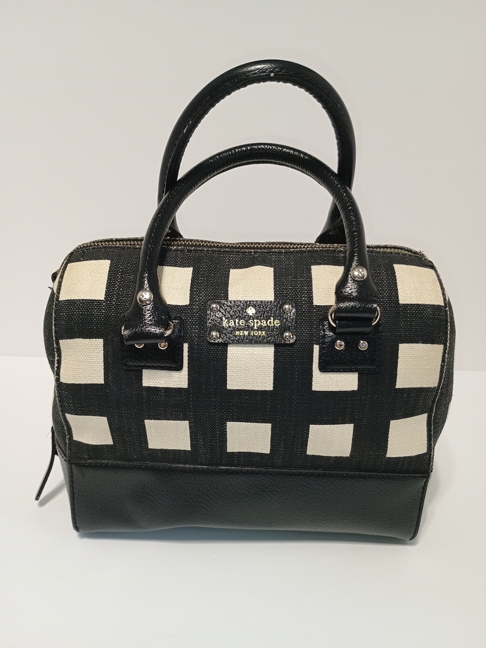 Kate Spade New York Black Cream Checkered Satchel Handbag Structured Purse